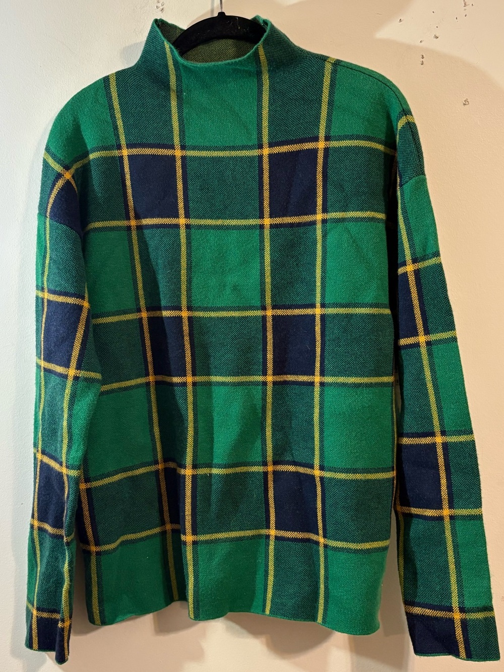 Rachel Zoe sweater medium green blue plaid mock-neck matching hat w/ Pom Pom NWT